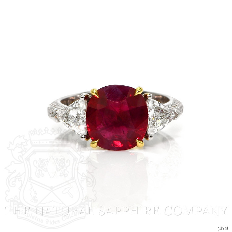 5.05 Ct. Ruby and Natural Diamond Three Stone Ring, 18K White & Yellow