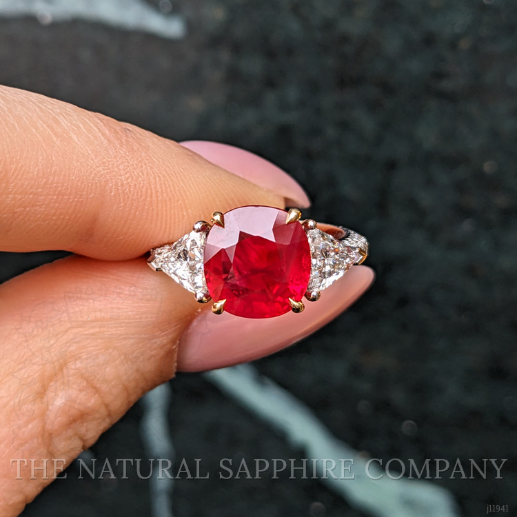 5.05 Ct. Ruby and Natural Diamond Three Stone Ring, 18K White & Yellow