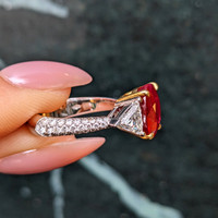 5.05 Ct. Ruby and Natural Diamond Three Stone Ring, 18K White & Yellow Life Style