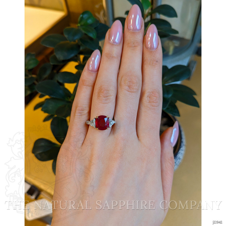 5.05 Ct. Ruby and Natural Diamond Three Stone Ring, 18K White & Yellow