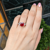 5.05 Ct. Ruby and Natural Diamond Three Stone Ring, 18K White & Yellow Life Style