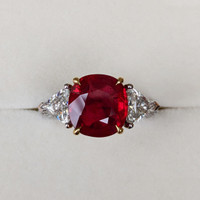 5.05 Ct. Ruby and Natural Diamond Three Stone Ring, 18K White & Yellow Life Style