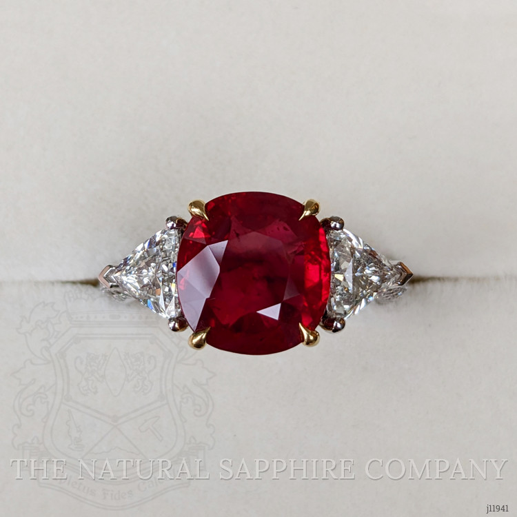 5.05 Ct. Ruby and Natural Diamond Three Stone Ring, 18K White & Yellow