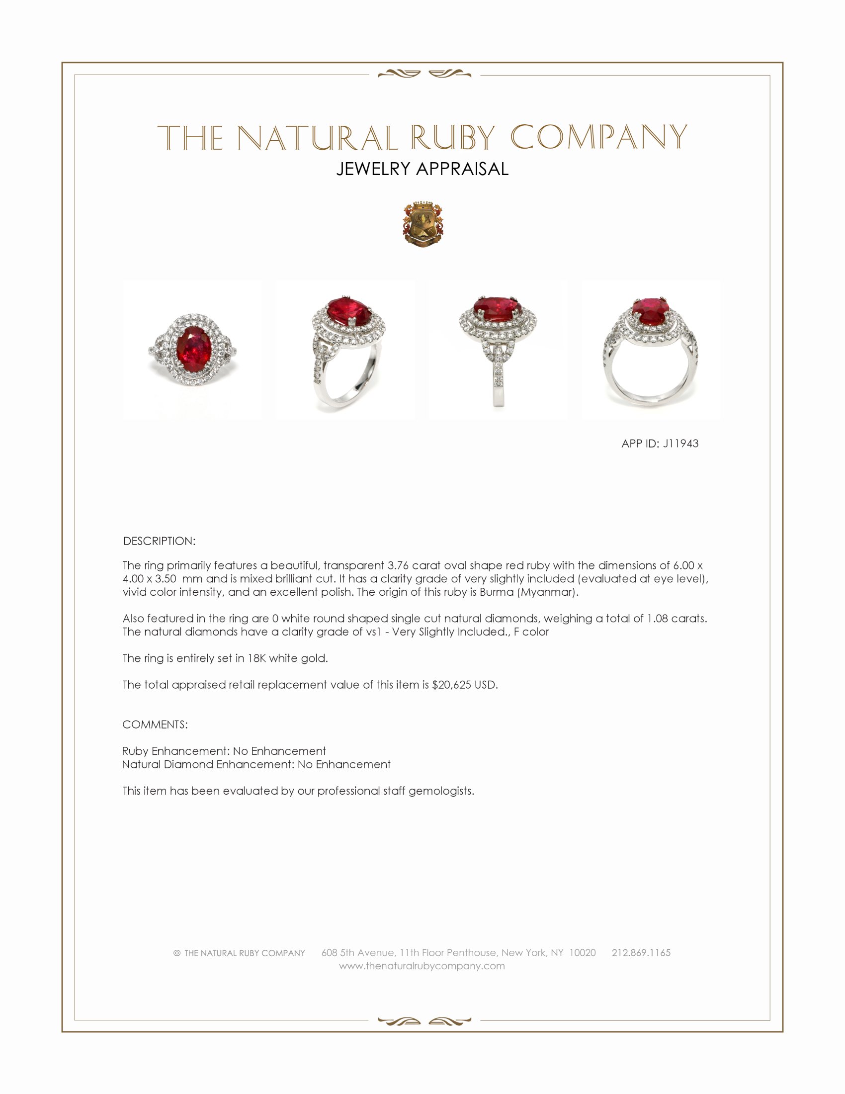 3.76 Ct. Ruby and Natural Diamond Pave Ring, 18K White Gold