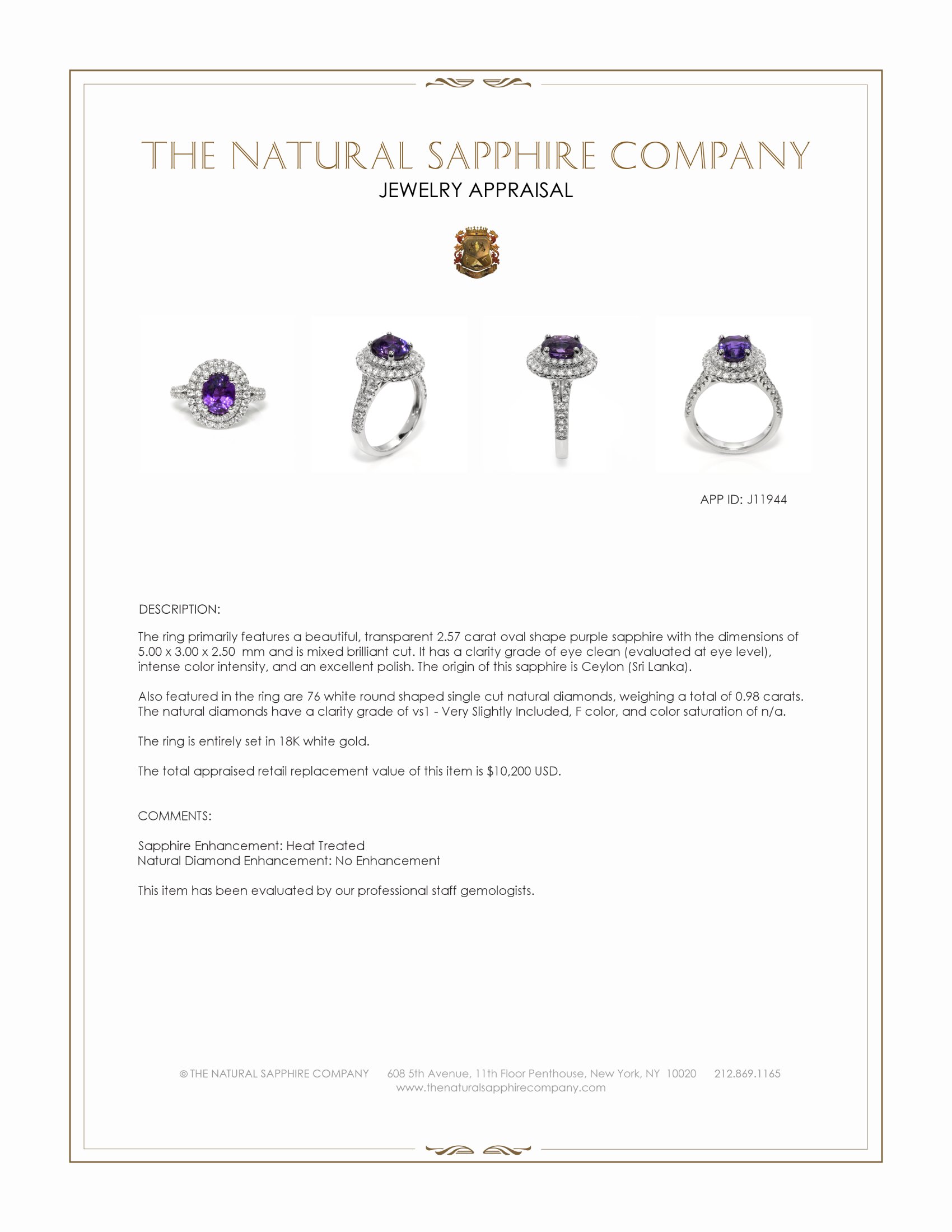 2.57 Ct. Purple Sapphire and Natural Diamond Pave Ring, 18K White Gold