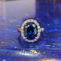 6.06 Ct. Blue Sapphire and Natural Diamond Pave Ring, Platinum 950 Life Style