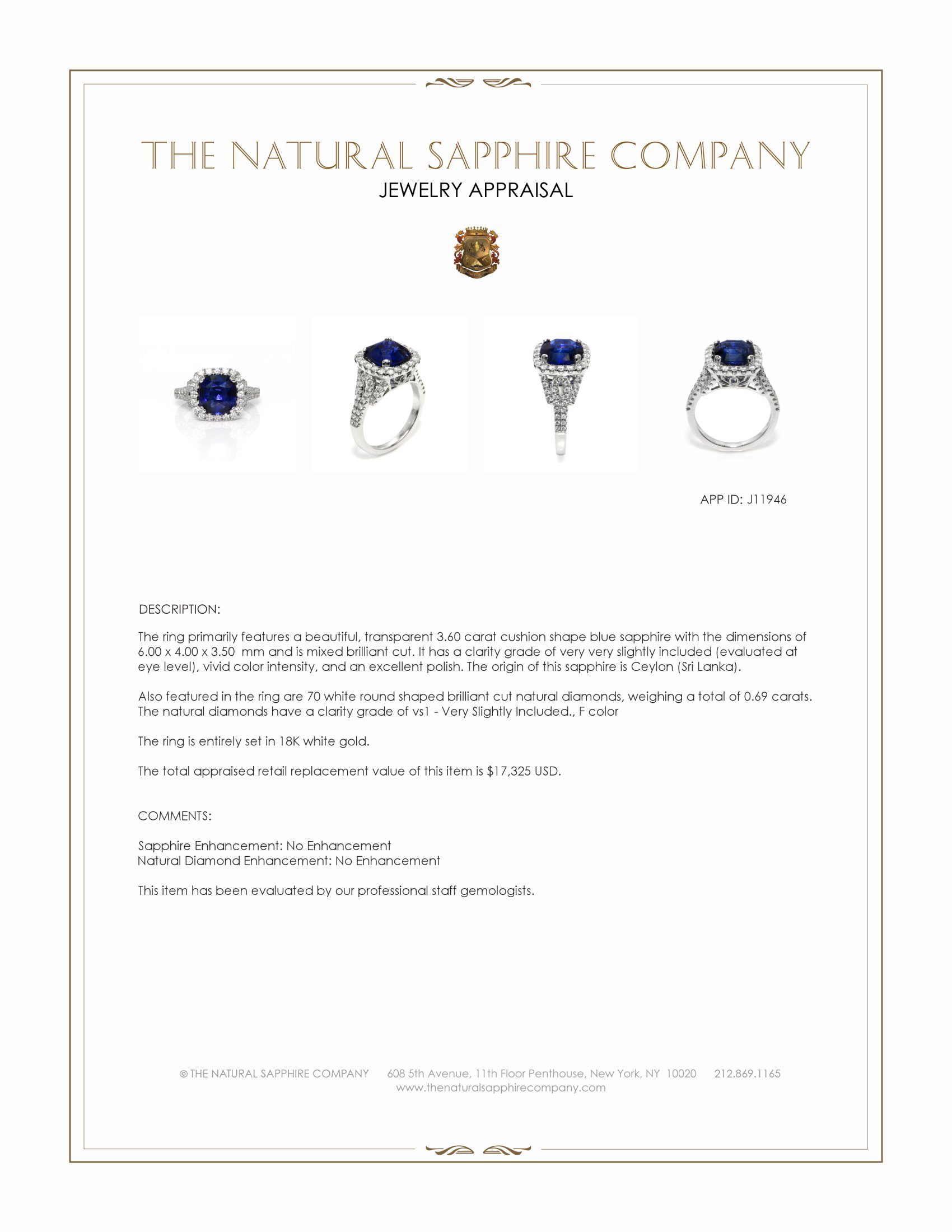 3.60 Ct. Blue Sapphire and Natural Diamond Pave Ring, 18K White Gold