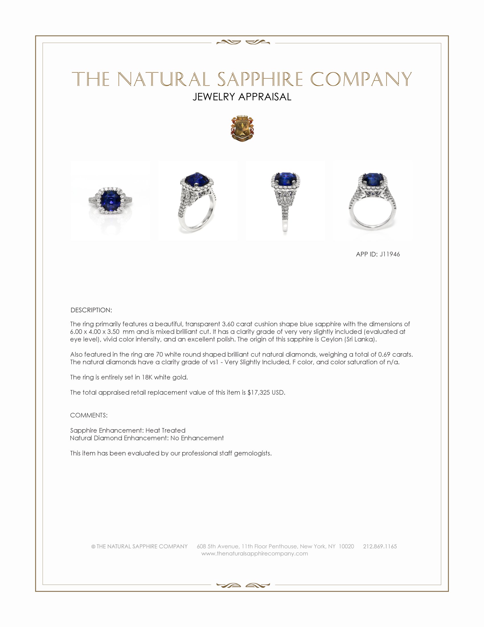 3.60 Ct. Blue Sapphire and Natural Diamond Pave Ring, 18K White Gold