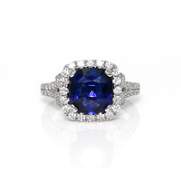 3.60 Ct. Blue Sapphire and Natural Diamond Pave Ring, 18K White Gold Video