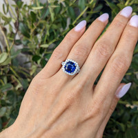 3.60 Ct. Blue Sapphire and Natural Diamond Pave Ring, 18K White Gold Life Style