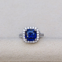 3.60 Ct. Blue Sapphire and Natural Diamond Pave Ring, 18K White Gold Life Style