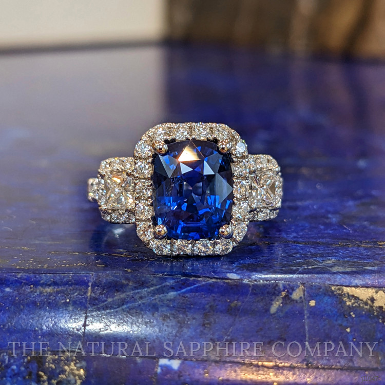 3.05 Ct. Blue Sapphire and Natural Diamond Pave Ring, 18K White Gold