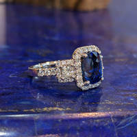 3.05 Ct. Blue Sapphire and Natural Diamond Pave Ring, 18K White Gold Life Style