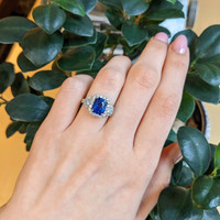 3.05 Ct. Blue Sapphire and Natural Diamond Pave Ring, 18K White Gold Life Style