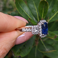 3.05 Ct. Blue Sapphire and Natural Diamond Pave Ring, 18K White Gold Life Style