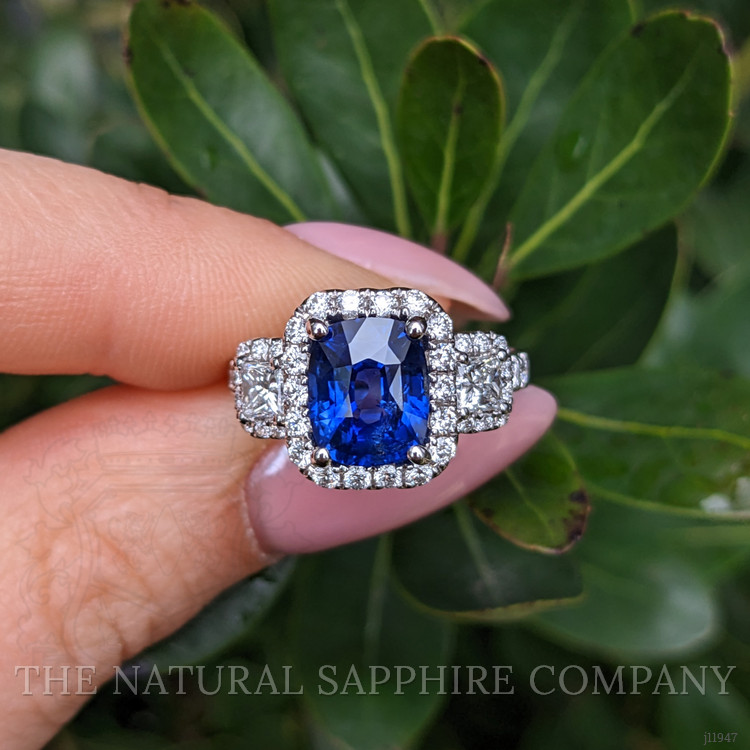 3.05 Ct. Blue Sapphire and Natural Diamond Pave Ring, 18K White Gold
