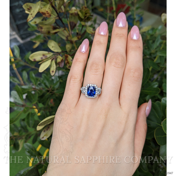 3.05 Ct. Blue Sapphire and Natural Diamond Pave Ring, 18K White Gold