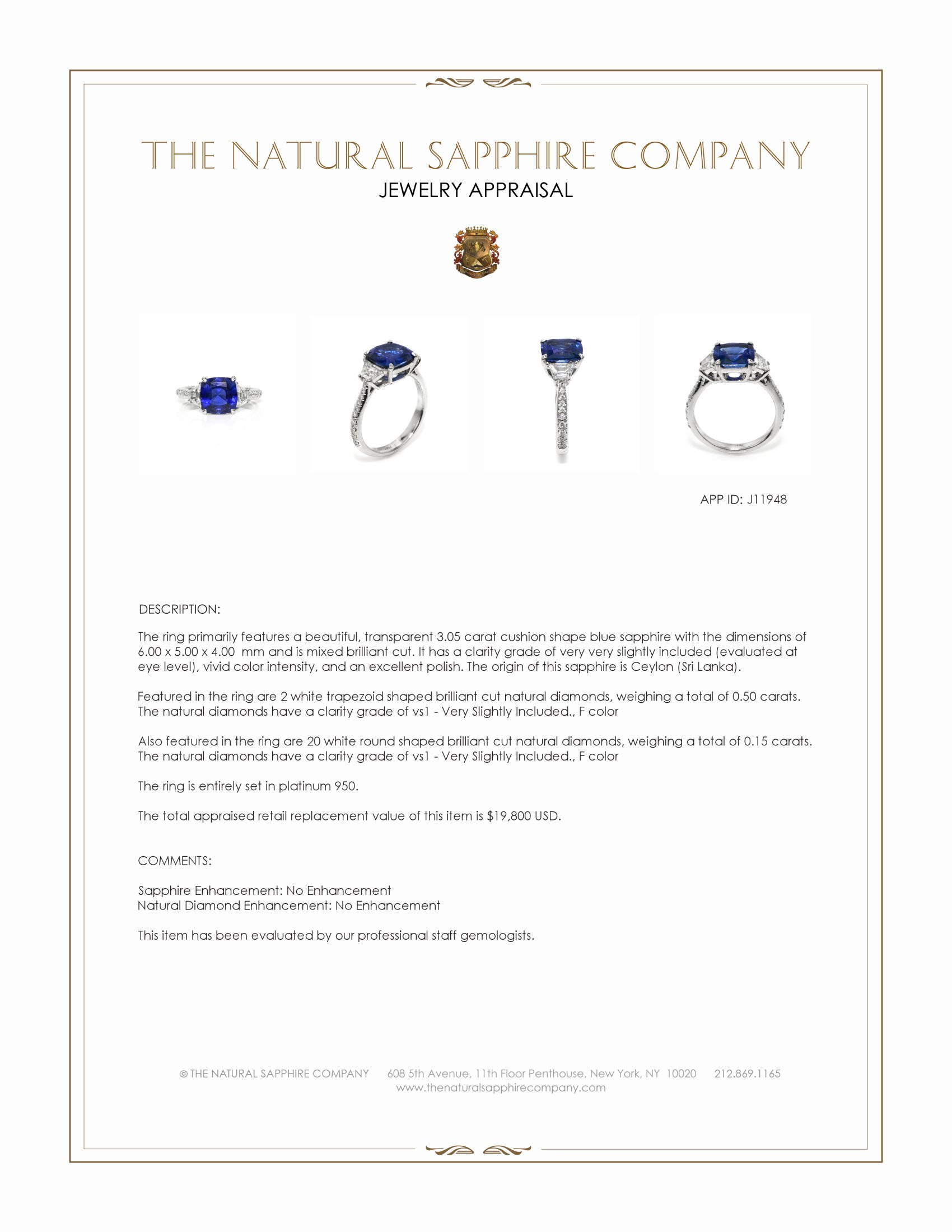 3.05 Ct. Blue Sapphire and Natural Diamond Three Stone Ring, Platinum 950