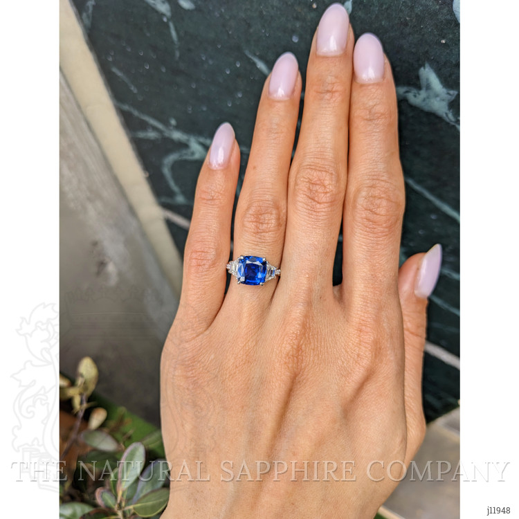 3.05 Ct. Blue Sapphire and Natural Diamond Three Stone Ring, Platinum 950