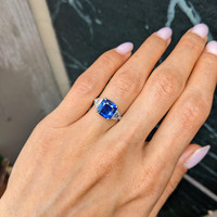 3.05 Ct. Blue Sapphire and Natural Diamond Three Stone Ring, Platinum 950 Life Style