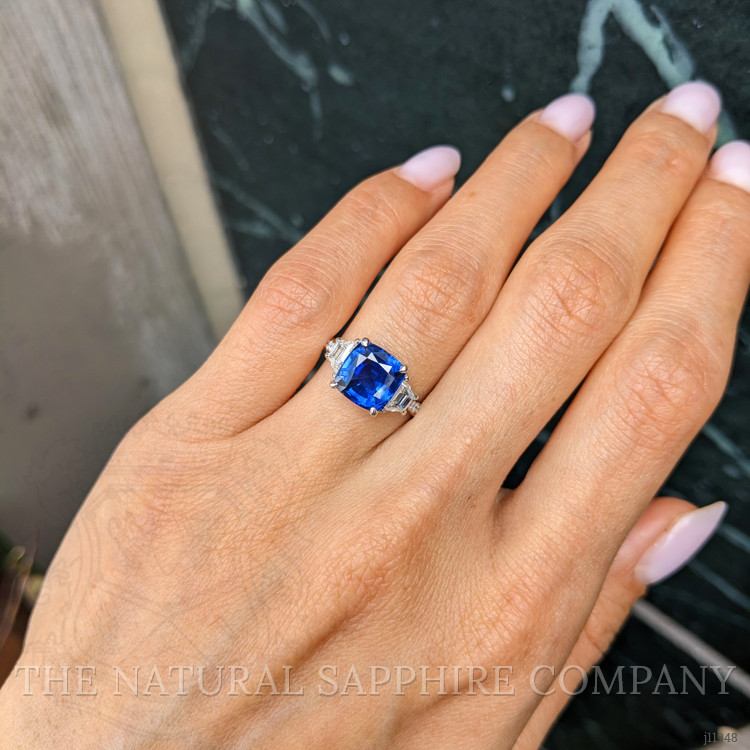 3.05 Ct. Blue Sapphire and Natural Diamond Three Stone Ring, Platinum 950