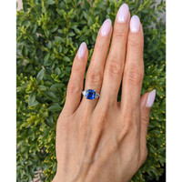 3.05 Ct. Blue Sapphire and Natural Diamond Three Stone Ring, Platinum 950 Life Style