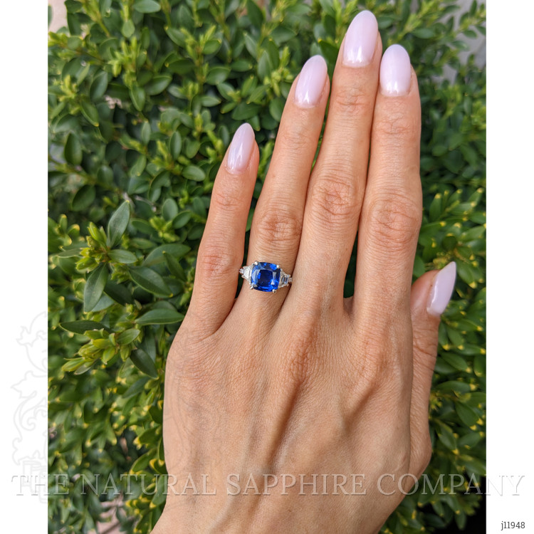 3.05 Ct. Blue Sapphire and Natural Diamond Three Stone Ring, Platinum 950