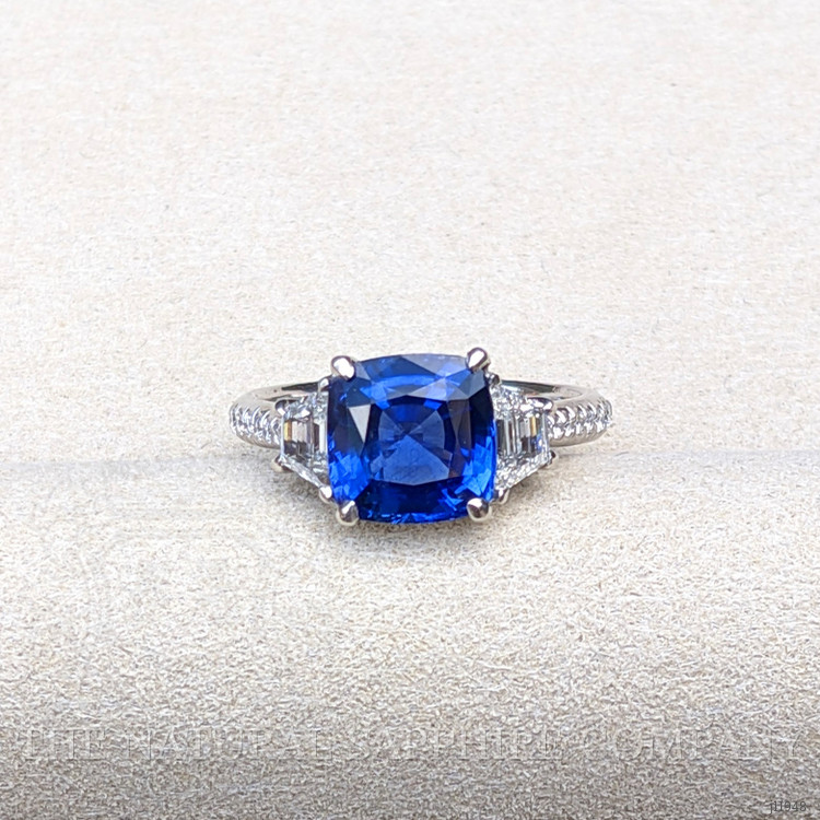 3.05 Ct. Blue Sapphire and Natural Diamond Three Stone Ring, Platinum 950