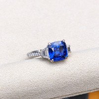 3.05 Ct. Blue Sapphire and Natural Diamond Three Stone Ring, Platinum 950 Life Style