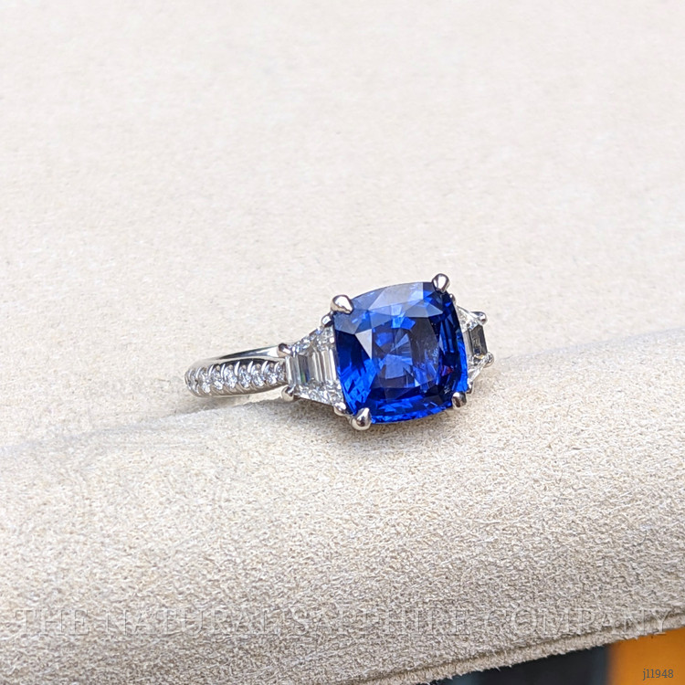 3.05 Ct. Blue Sapphire and Natural Diamond Three Stone Ring, Platinum 950