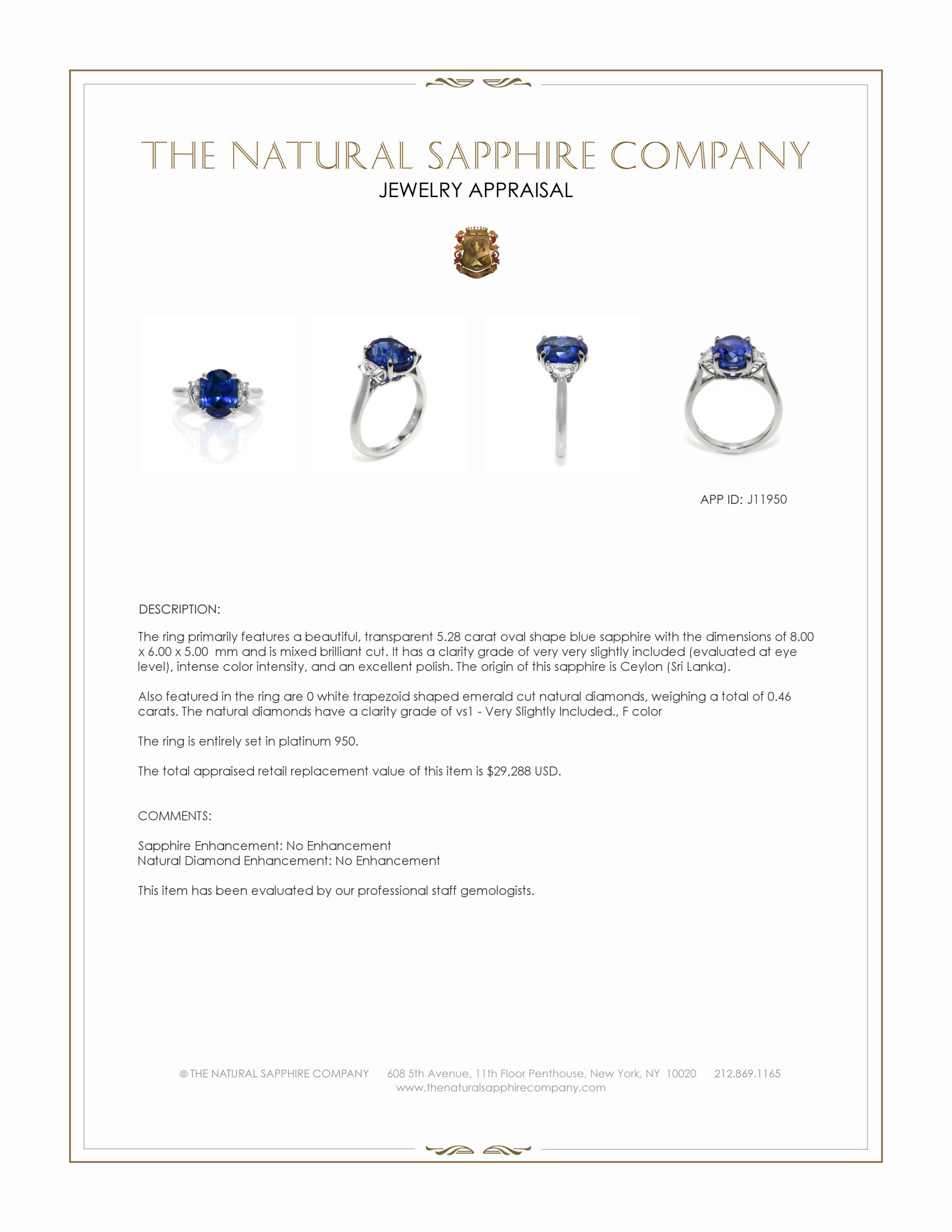 5.28 Ct. Blue Sapphire and Natural Diamond Three Stone Ring, Platinum 950