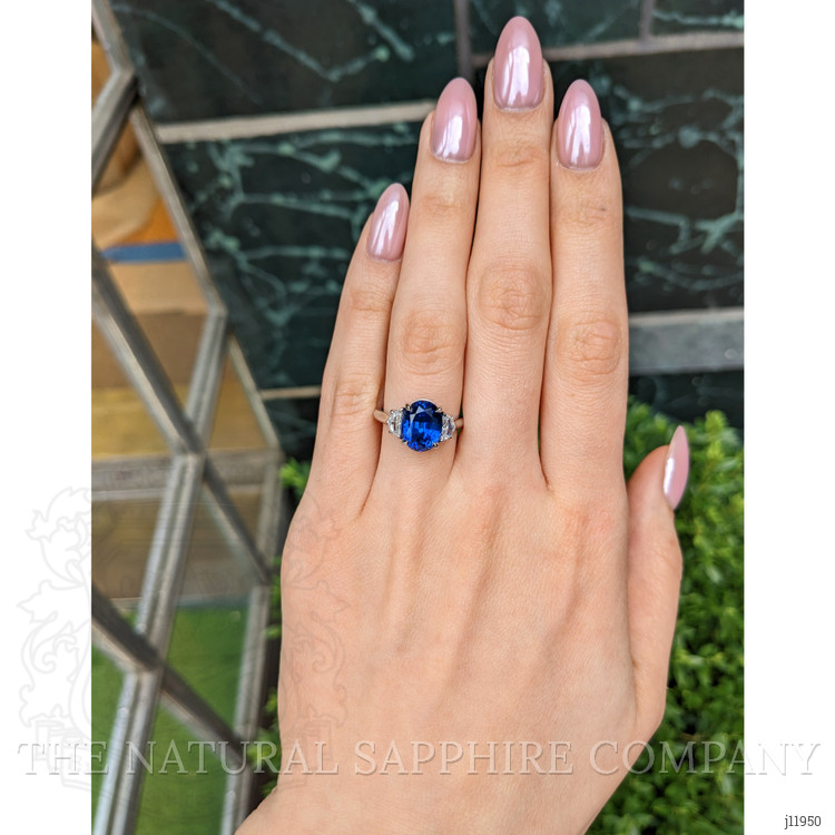 5.28 Ct. Blue Sapphire and Natural Diamond Three Stone Ring, Platinum 950