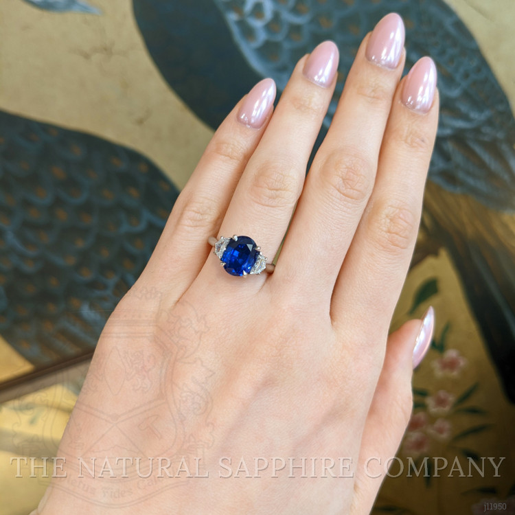 5.28 Ct. Blue Sapphire and Natural Diamond Three Stone Ring, Platinum 950