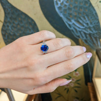 5.28 Ct. Blue Sapphire and Natural Diamond Three Stone Ring, Platinum 950 Life Style