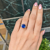 5.28 Ct. Blue Sapphire and Natural Diamond Three Stone Ring, Platinum 950 Life Style