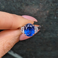 5.28 Ct. Blue Sapphire and Natural Diamond Three Stone Ring, Platinum 950 Life Style