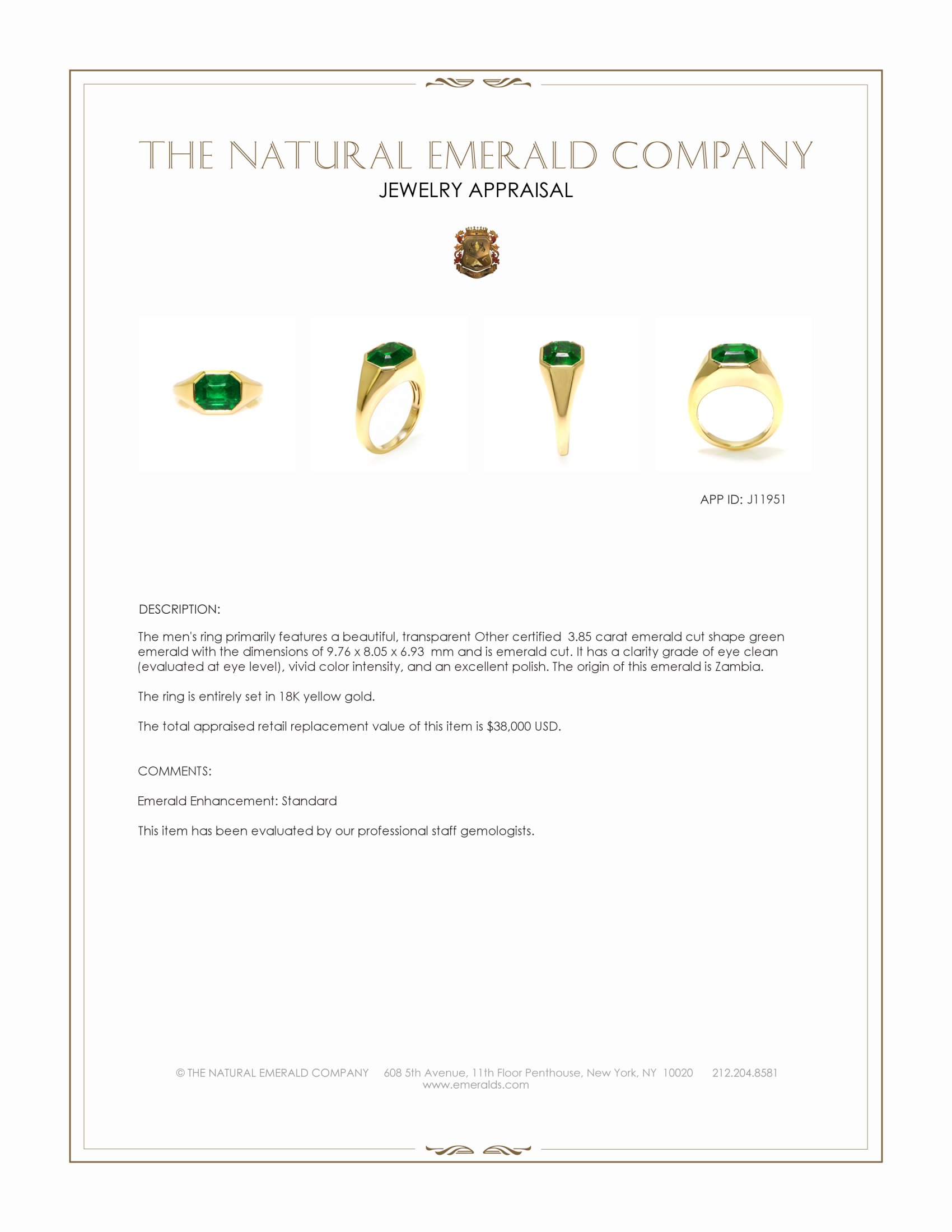 3.85 Ct. Emerald Men's Ring, 18K Yellow Gold