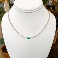 0.93 Ct. Emerald and Natural Diamond Tennis/Riviere Necklace, 14K White Gold Image