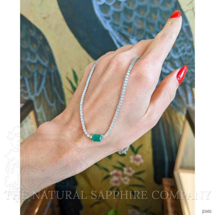 0.93 Ct. Emerald and Natural Diamond Tennis/Riviere Necklace, 14K White Gold