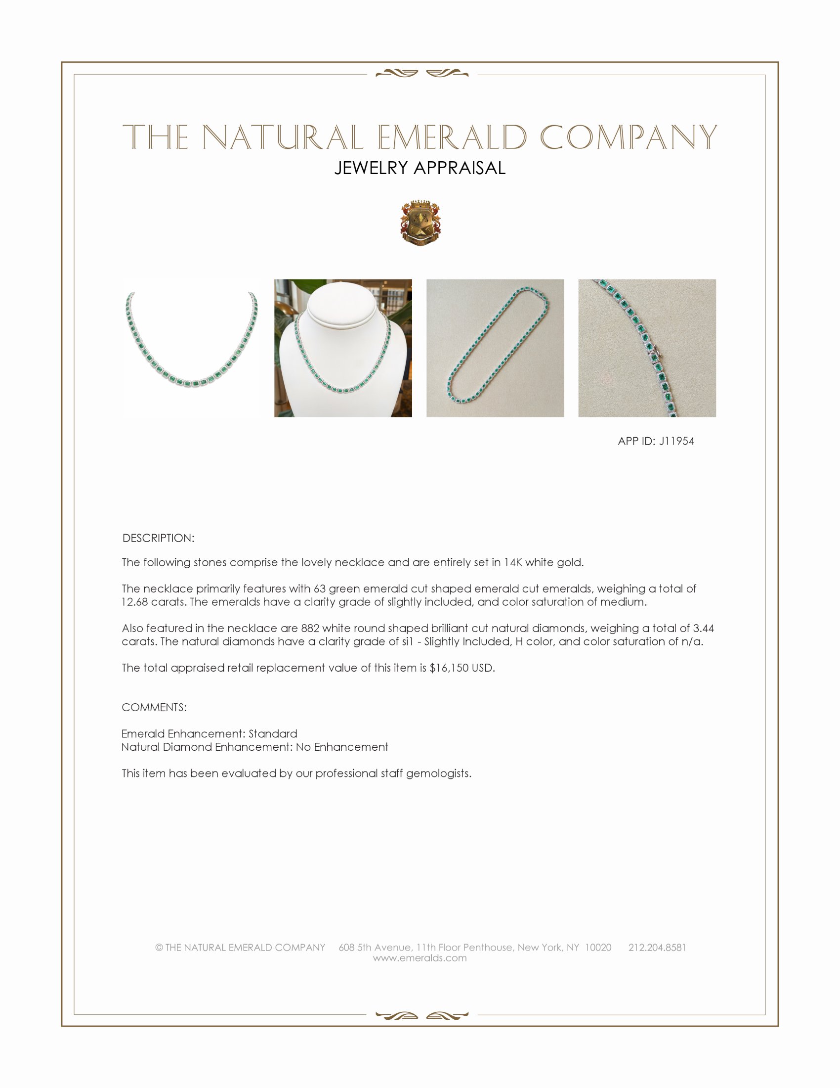 12.68 Ct. Emerald and Natural Diamond Pave Necklace, 14K White Gold