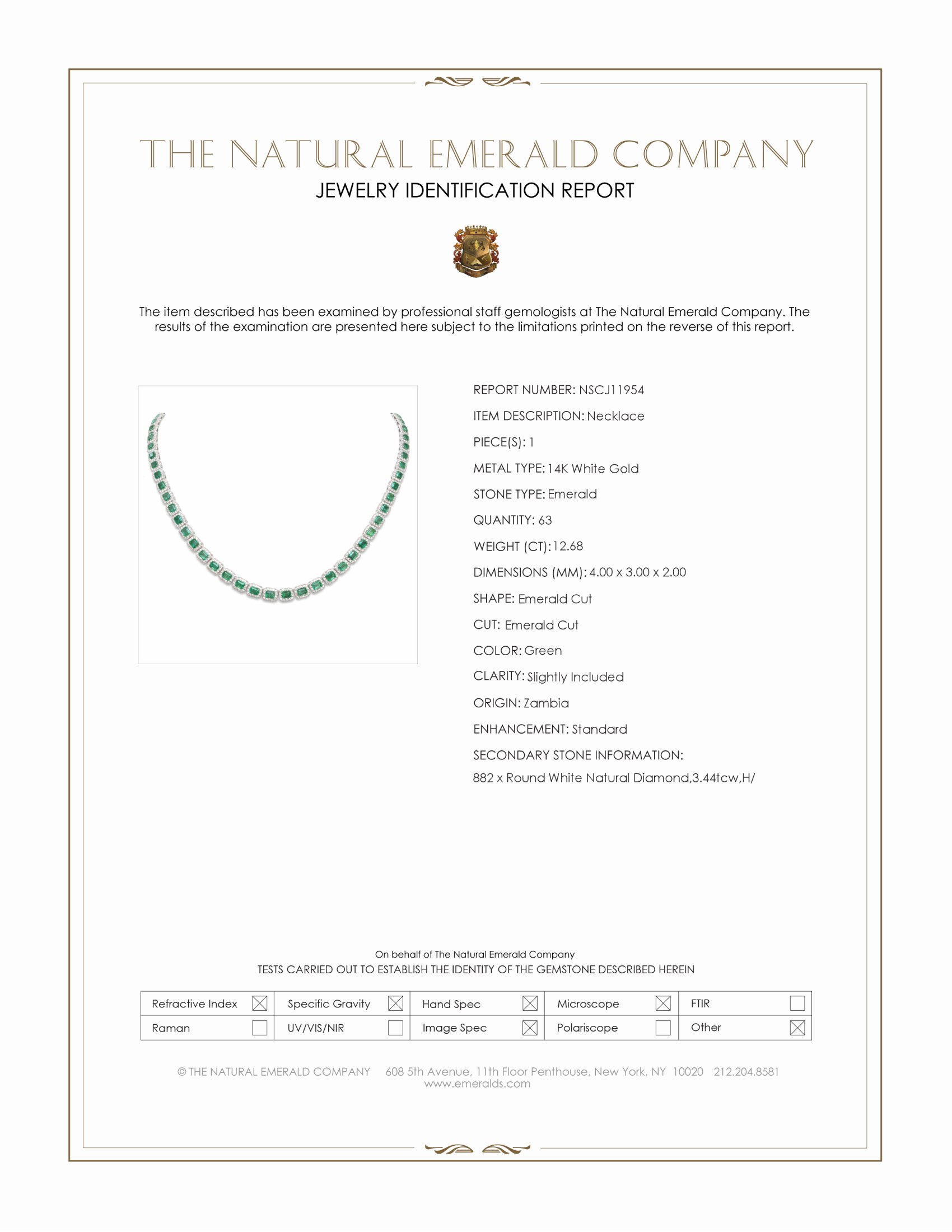 12.68 Ct. Emerald and Natural Diamond Pave Necklace, 14K White Gold