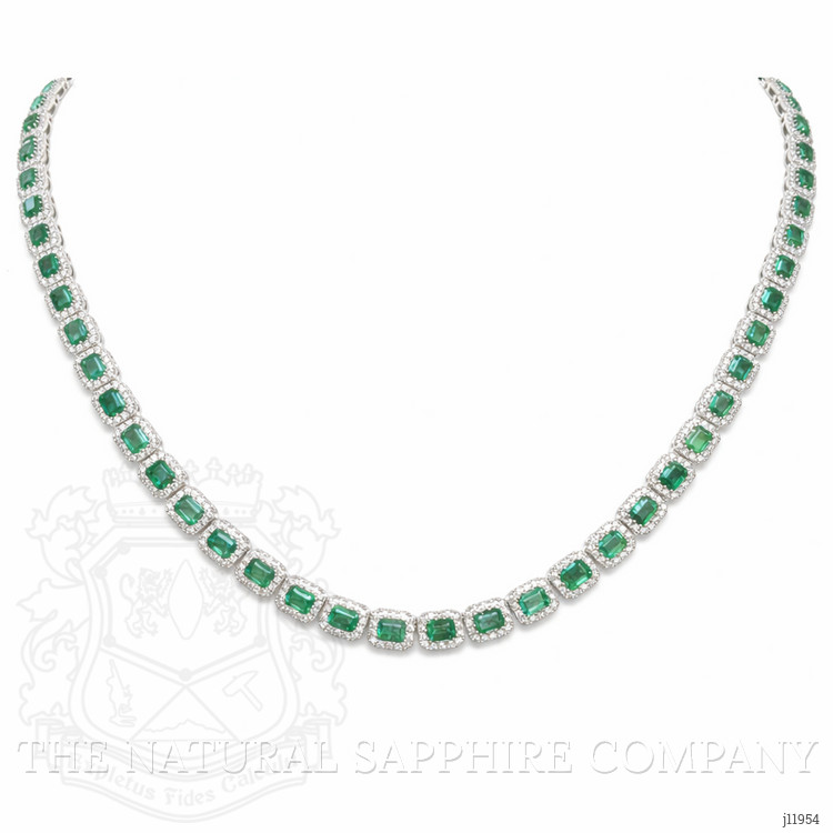 12.68 Ct. Emerald and Natural Diamond Pave Necklace, 14K White Gold