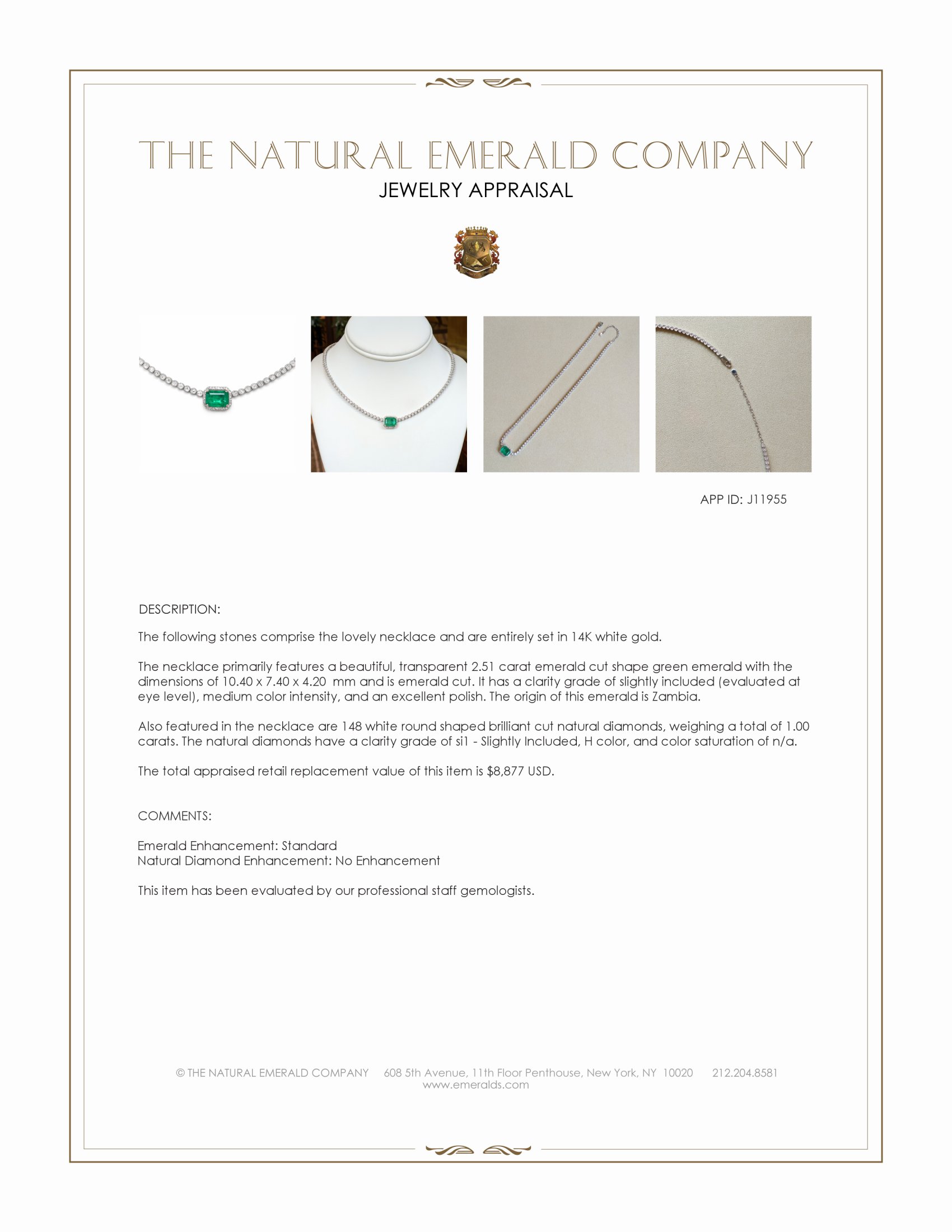 2.51 Ct. Emerald and Natural Diamond Pave Necklace, 14K White Gold