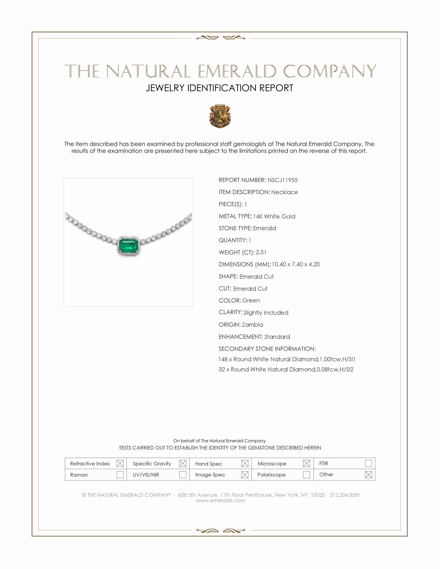 2.51 Ct. Emerald and Natural Diamond Pave Necklace, 14K White Gold