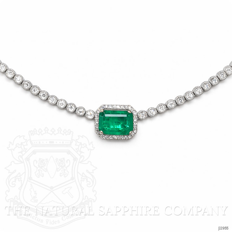 2.51 Ct. Emerald and Natural Diamond Pave Necklace, 14K White Gold