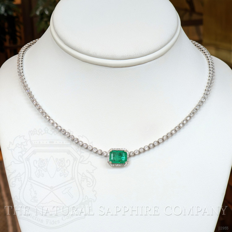 2.51 Ct. Emerald and Natural Diamond Pave Necklace, 14K White Gold