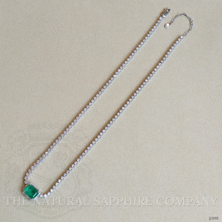 2.51 Ct. Emerald and Natural Diamond Pave Necklace, 14K White Gold