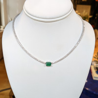 1.45 Ct. Emerald and Natural Diamond Tennis/Riviere Necklace, 14K White Gold Image