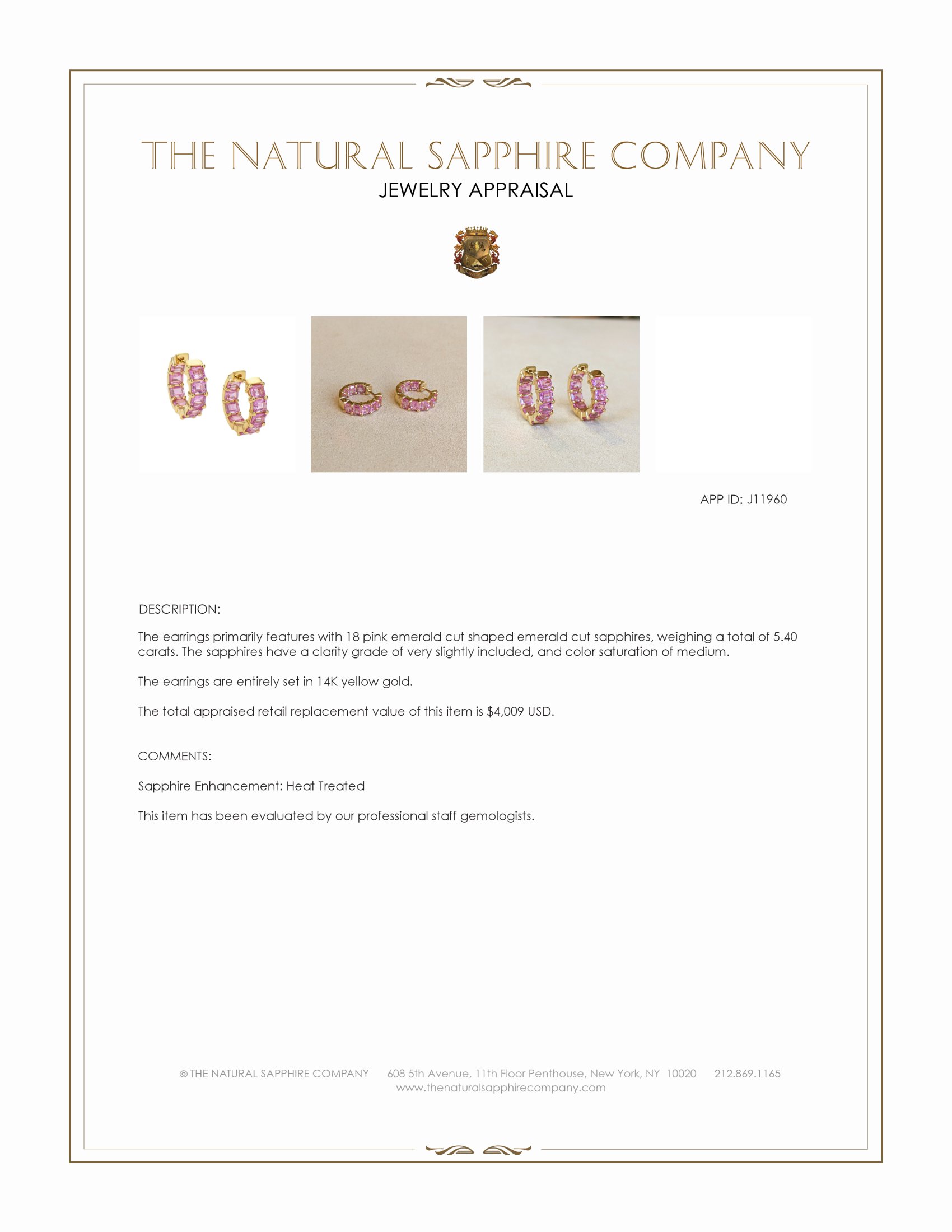 5.40 Ct.Tw. Pink Sapphire Hoops Earrings, 14K Yellow Gold