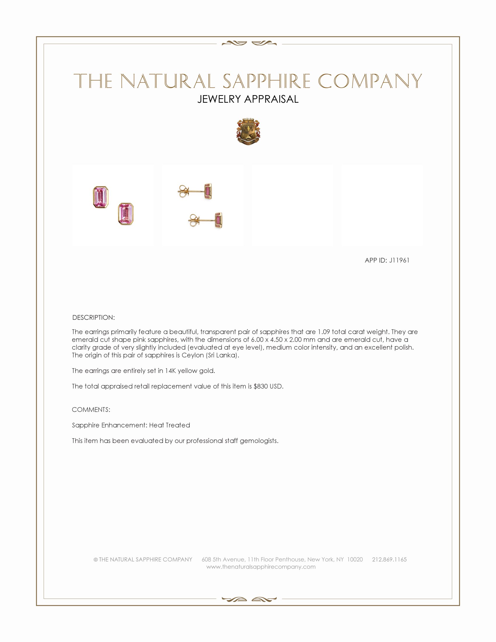 1.09 Ct.Tw. Pink Sapphire Studs Earrings, 14K Yellow Gold